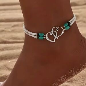 Silver Heart Anklet with White and Turquoise Beads